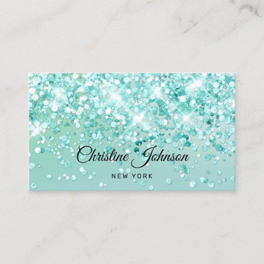 Aqua blauwgroen faux chunky glitter visitekaartje (Voorkant)