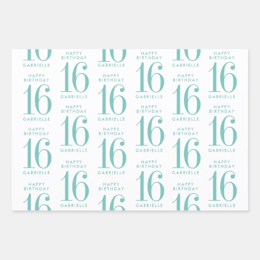 Aqua Blauwgroen Glitter Sweet 16 Persoonlijke Turq Inpakpapier Vel (Voorkant)