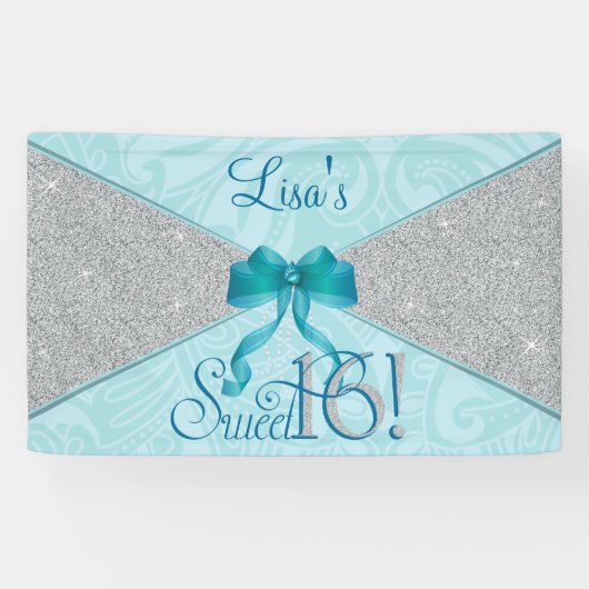 Aqua, Blauwgroen glitter, Sweet 16 Spandoek (Horizontaal)