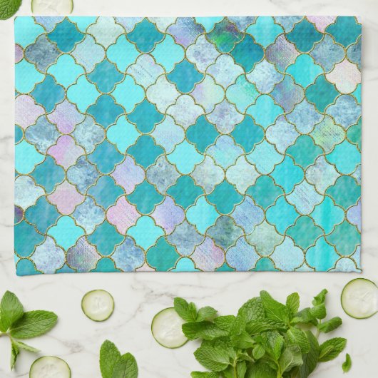 Aqua Blauwgroen Gold Oriental Moroccan Tile Theedoek (Gevouwen)