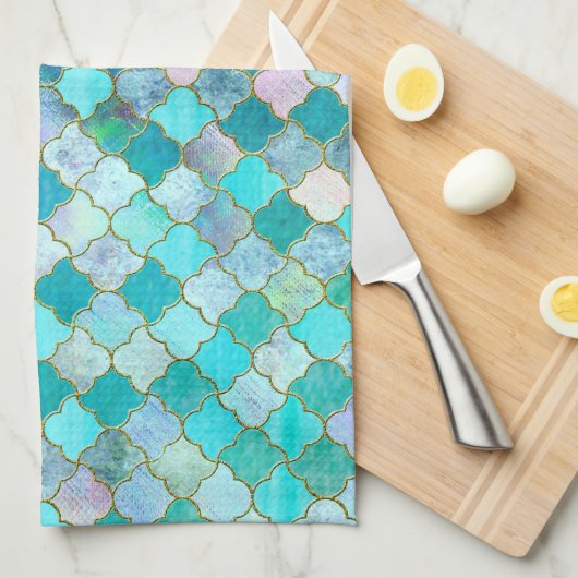 Aqua Blauwgroen Gold Oriental Moroccan Tile Theedoek (Quarter Fold)