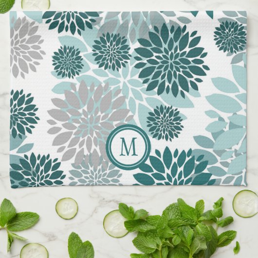 Aqua Blauwgroen Grey Flower Pattern Monogram Theedoek (Gevouwen)