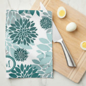 Aqua Blauwgroen Grey Flower Pattern Monogram Theedoek (Quarter Fold)