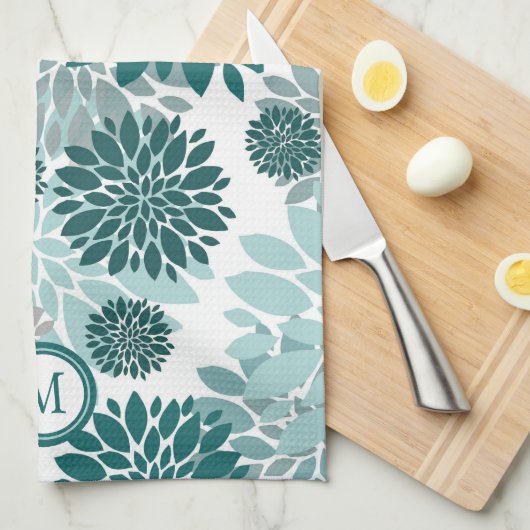 Aqua Blauwgroen Grey Flower Pattern Monogram Theedoek (Quarter Fold)