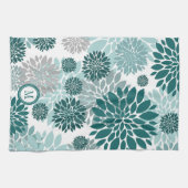 Aqua Blauwgroen Grey Flower Pattern Monogram Theedoek (Horizontaal)