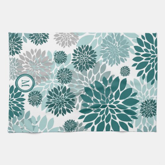 Aqua Blauwgroen Grey Flower Pattern Monogram Theedoek (Horizontaal)