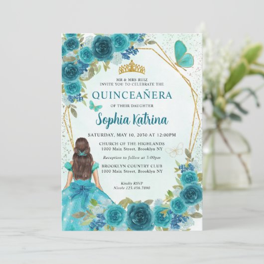 Aqua Blauwgroen Groen goud prinses Quinceañera Kaart (Staand voorkant)
