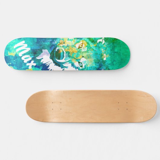Aqua blauwgroen groen witte waterverf wolvenskateb persoonlijk skateboard (Horizontaal)