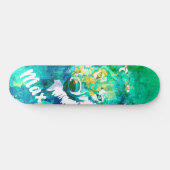 Aqua blauwgroen groen witte waterverf wolvenskateb persoonlijk skateboard (Horizontaal)