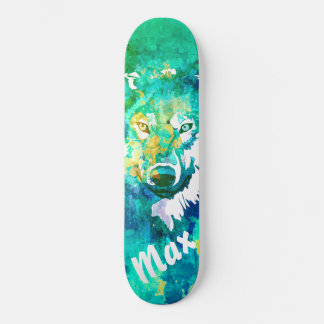 Aqua blauwgroen groen witte waterverf wolvenskateb persoonlijk skateboard