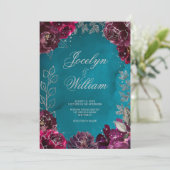 Aqua Blauwgroen Merlot Jewel Tone bruiloft uitnodi Kaart (Staand voorkant)