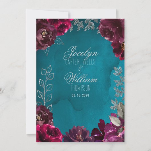Aqua Blauwgroen Merlot Jewel Tone bruiloft uitnodi Kaart (Achterkant)