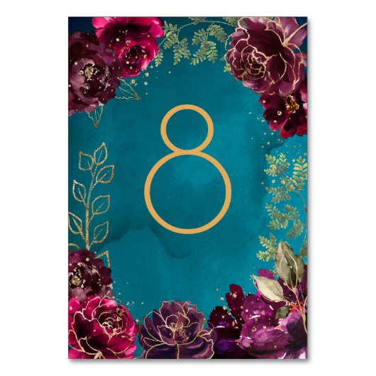 Aqua Blauwgroen Merlot Jewel Tone Gold Tafelnummer (Achterkant)