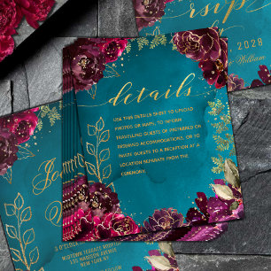 Aqua Blauwgroen Merlot Jewel Tone Gold Wedding Det Informatiekaartje