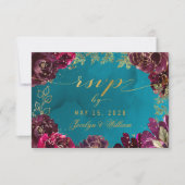 Aqua Blauwgroen Merlot Jewel Tone Gold Wedding RSV RSVP Kaartje (Voorkant)