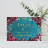 Aqua Blauwgroen Merlot Jewel Tone Gold Wedding RSV RSVP Kaartje (Staand voorkant)