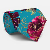 Aqua Blauwgroen Merlot Jewel Tone Gold Wedding Stropdas (Opgerold)