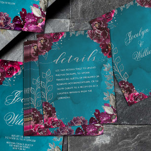 Aqua Blauwgroen Merlot Jewel Tone Wedding Details Informatiekaartje