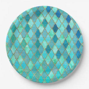 Aqua Blauwgroen Mint Gold Oriental Moroccan Tegel Papieren Bordje