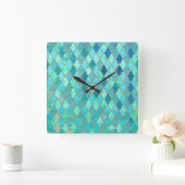 Aqua Blauwgroen Mint Gold Oriental Moroccan Tegel Vierkante Klok (Huis)
