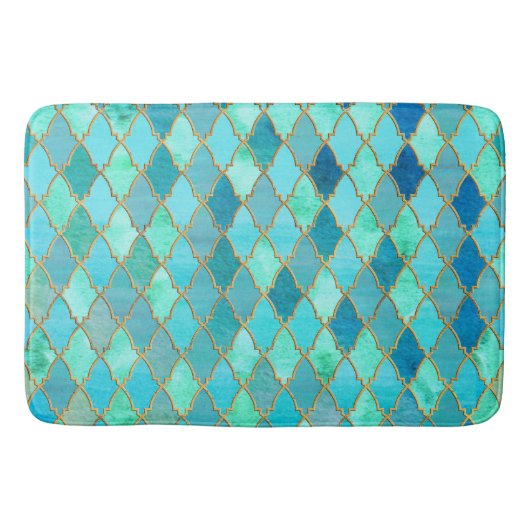 Aqua Blauwgroen Mint Gold Oriental Moroccan Tile Badmat (Voorkant)