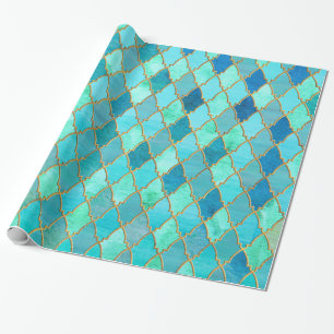 Aqua Blauwgroen Mint Gold Oriental Moroccan Tile Cadeaupapier
