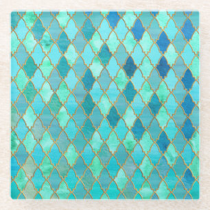 Aqua Blauwgroen Mint Gold Oriental Moroccan Tile Glazen Onderzetter