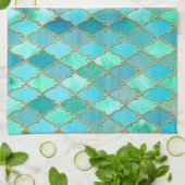 Aqua Blauwgroen Mint Gold Oriental Moroccan Tile Theedoek (Gevouwen)