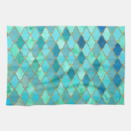 Aqua Blauwgroen Mint Gold Oriental Moroccan Tile Theedoek (Horizontaal)