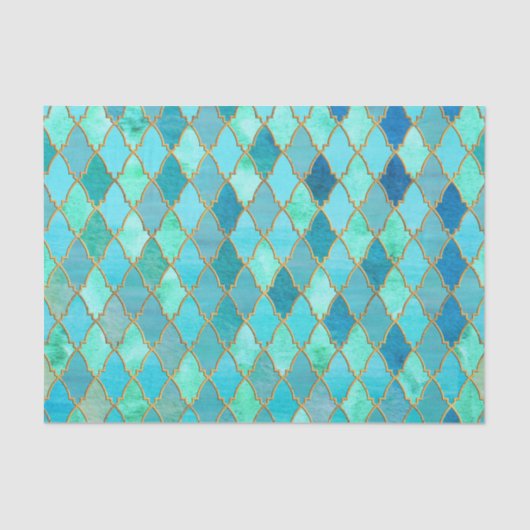 Aqua Blauwgroen Mint Gold Oriental Moroccan Tile Tissuepapier (Voorkant)