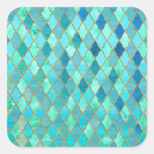 Aqua Blauwgroen Mint Gold Oriental Moroccan Tile Vierkante Sticker