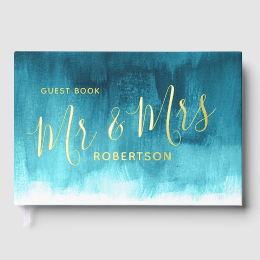 Aqua blauwgroen moderne kunst op maat bruiloft gastenboek (Voorkant)