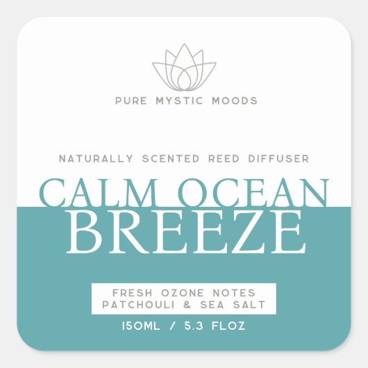 Aqua blauwgroen oceaanbries riet diffuser label (Voorkant)