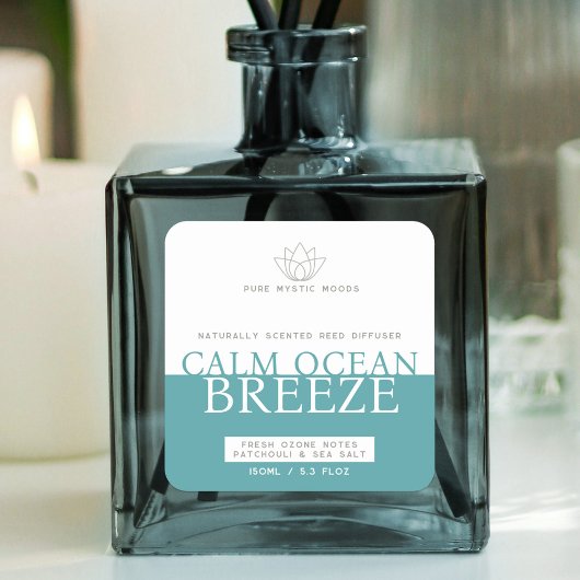 Aqua blauwgroen oceaanbries riet diffuser label