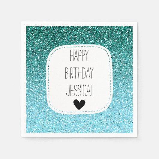Aqua Blauwgroen Ombre Faux Glitter Servet (Voorkant)