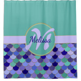 Aqua Blauwgroen & Paarse Monogram + Naam Zeemeermi Douchegordijn
