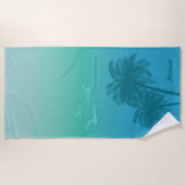 Aqua Blauwgroen palmbomen tropische zomer met naam Strandlaken (Voorkant)