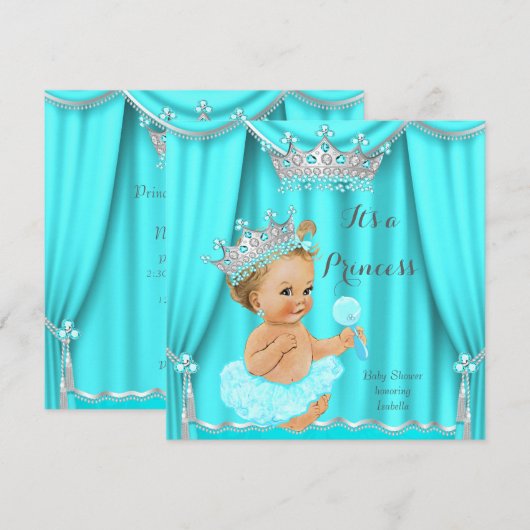Aqua Blauwgroen Prinses Baby shower Silver Blonde Kaart (Voorkant / Achterkant)