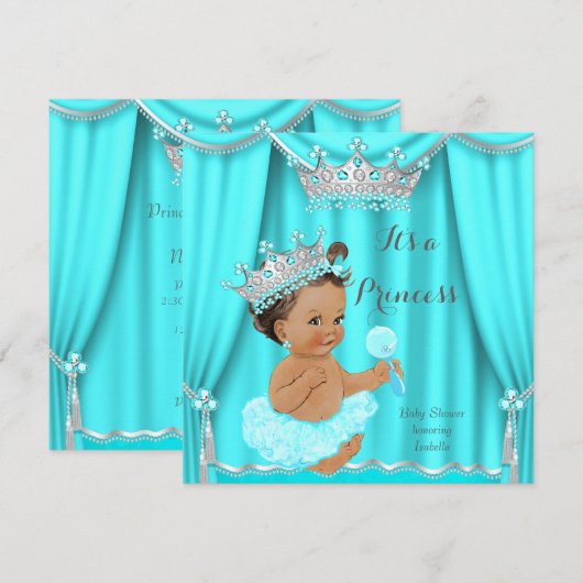 Aqua Blauwgroen Prinses Baby shower Silver Brunett Kaart (Voorkant / Achterkant)
