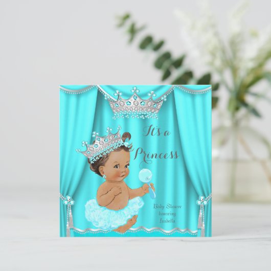 Aqua Blauwgroen Prinses Baby shower Silver Brunett Kaart (Staand voorkant)
