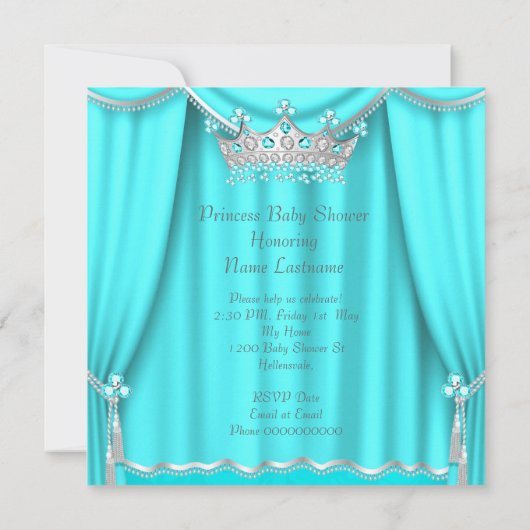 Aqua Blauwgroen Prinses Baby shower Silver Brunett Kaart (Achterkant)