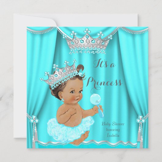 Aqua Blauwgroen Prinses Baby shower Silver Brunett Kaart (Voorkant)