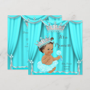 Aqua Blauwgroen Prinses Baby shower Silver Brunett Kaart