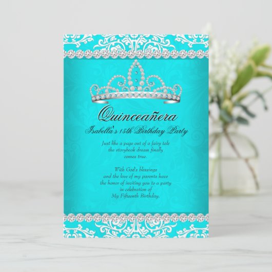 Aqua Blauwgroen Quinceanera 15e verjaardag Tiara Kaart (Staand voorkant)