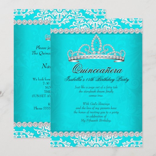 Aqua Blauwgroen Quinceanera 15e verjaardag Tiara Kaart (Voorkant / Achterkant)
