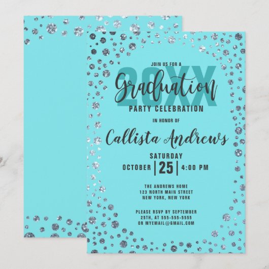 Aqua Blauwgroen Silver Glitter Confetti Afstuderen Kaart (Voorkant / Achterkant)