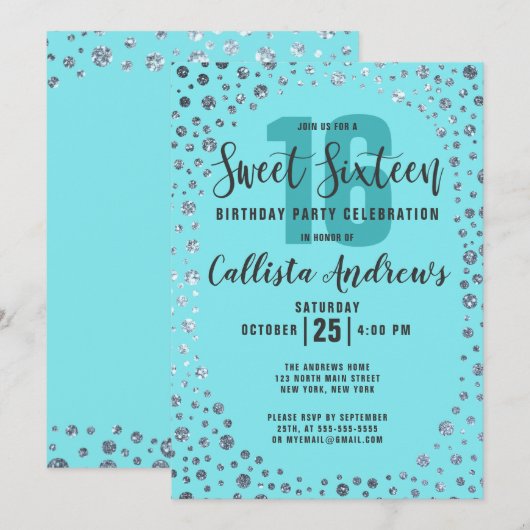 Aqua Blauwgroen Silver Glitter Confetti Border Swe Kaart (Voorkant / Achterkant)