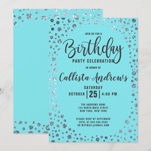 Aqua Blauwgroen Silver Glitter Confetti Border Ver Kaart (Voorkant / Achterkant)