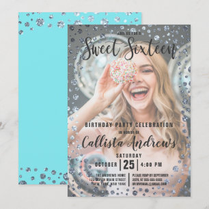 Aqua Blauwgroen Silver Glitter Confetti Foto Sweet Kaart