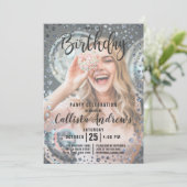 Aqua Blauwgroen Silver Glitter Confetti Foto Verja Kaart (Staand voorkant)